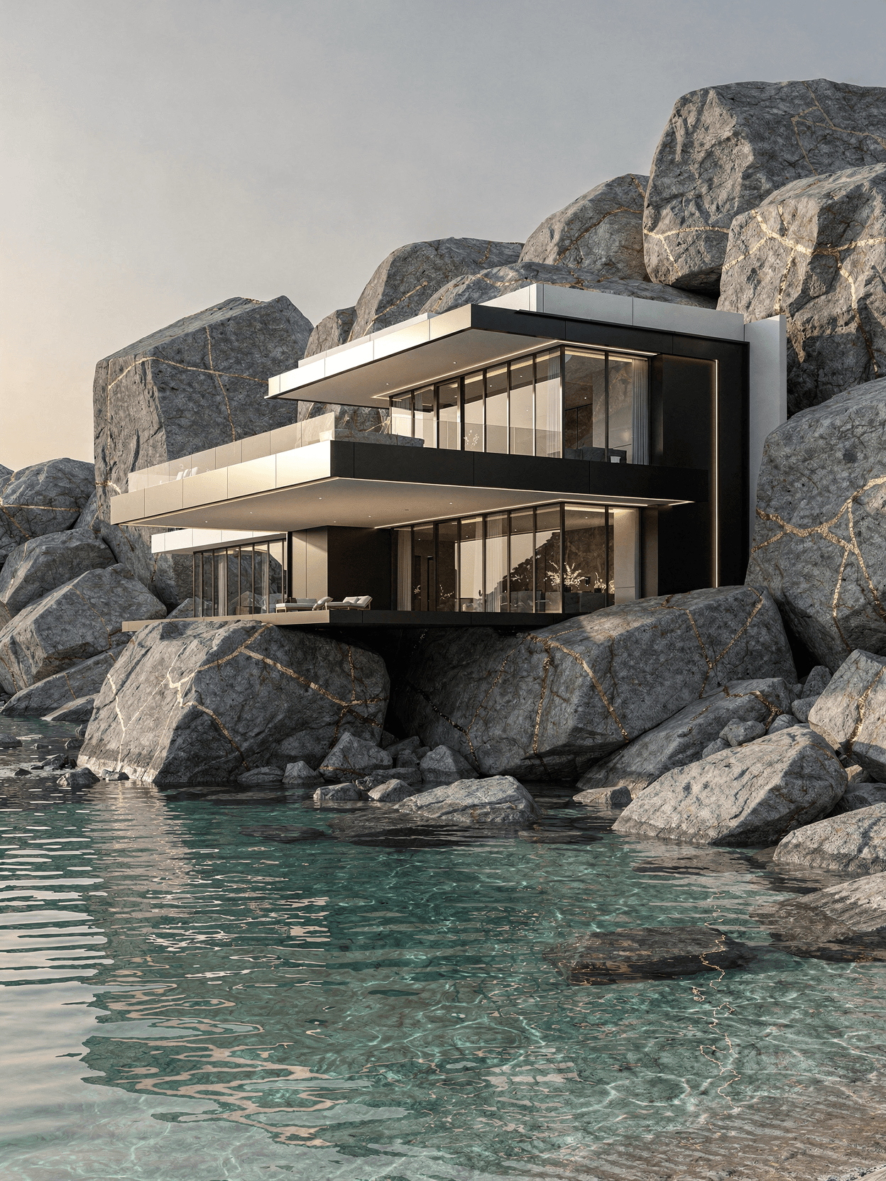 Cliff house over rocks